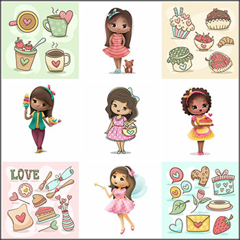 2款可爱卡通小女孩和甜品蛋糕咖啡普贤居矢量插图精选