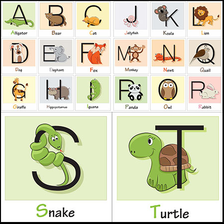 24个可爱卡通动物英文字母英文字母表素材