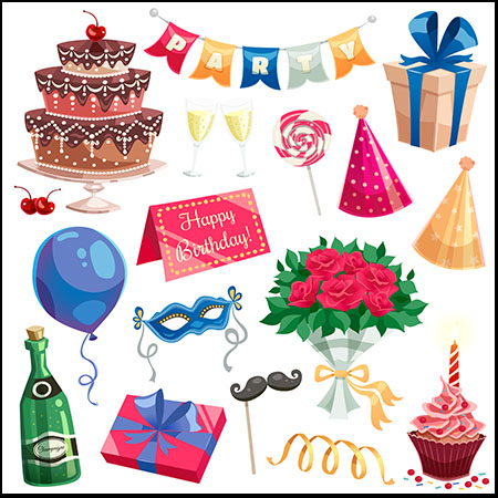 漂亮的生日蛋糕和生日礼物气球装饰品背景素材