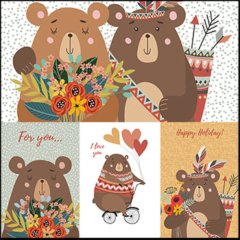 6款花卉和可爱灰熊16图库矢量插图精选