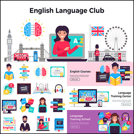 5套多国语言培训教育插图横幅海报16图库矢量模板精选