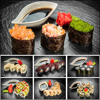 8款寿司料理和搭配的新鲜海鲜和酱汁JPG高清图片