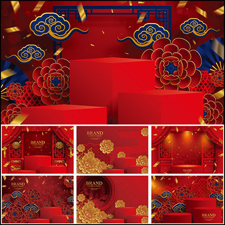 8款中国剪纸风春节红色商品展示背景模板素材中国矢量素材精选