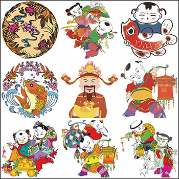 12款中国风中国年画娃娃卡通福娃易图库矢量插图精选