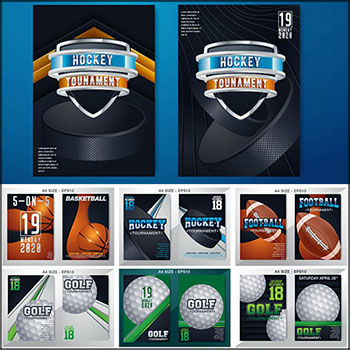 12款篮球橄榄球高尔夫球体育比赛宣传海报普贤居矢量模板精选