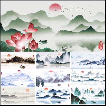 中国风水墨山水风景湖景古典意境装饰画PSD背景模板