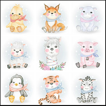 9款可爱的卡通水彩小动物16图库矢量插图精选