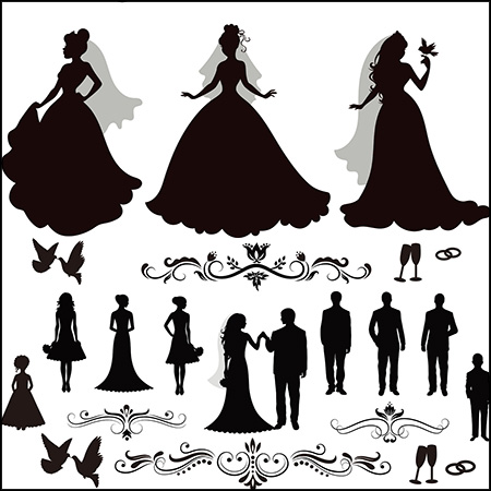 4套欧式婚礼新娘和新郎人物剪影素材中国矢量插图精选