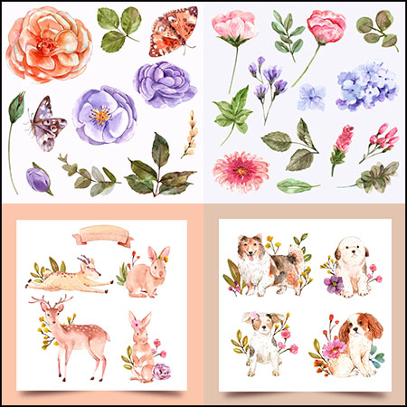 9套水彩花卉和动物装饰插图16图库