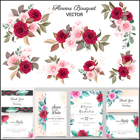 8套水彩花卉装饰婚礼邀请函卡片聚图网矢量素材精选