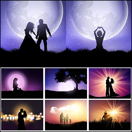 8款浪漫月光下的情侣女性人物剪影16图库矢量背景精选素材