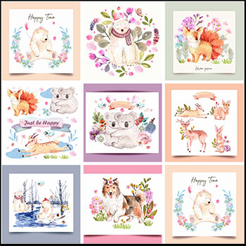 8款水彩可爱动物花卉素材中国矢量插图精选