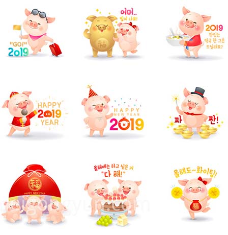 2019新年传统生肖猪年卡通形象矢量