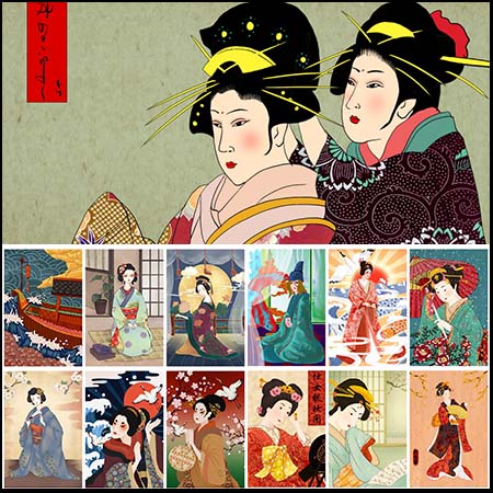 80款浮世绘日本和服卡通女人插画