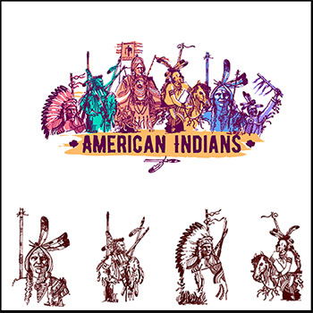 带着武器的印第安人人物肖像矢量插画