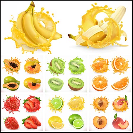 12款新鲜切开的水果飞溅果汁围绕的水果易图库矢量素材精选