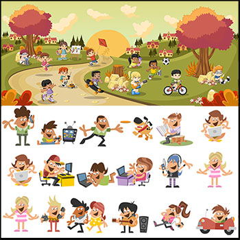 6套可爱学习玩耍运动的卡通男孩女孩矢量人物插图