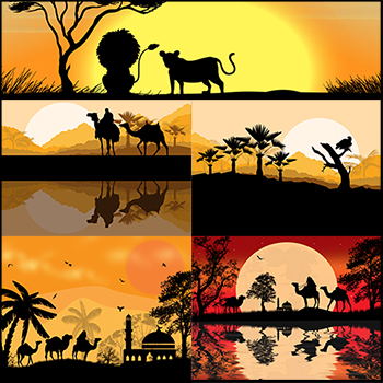非洲棕榈树与沙漠夕阳夜景下的动物矢量剪影