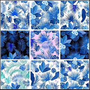 蓝色热带植物花卉矢量无缝背景素材