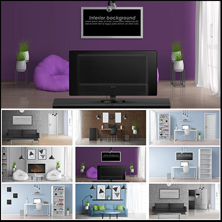 3D室内空间和家具逼真普贤居矢量插图精选
