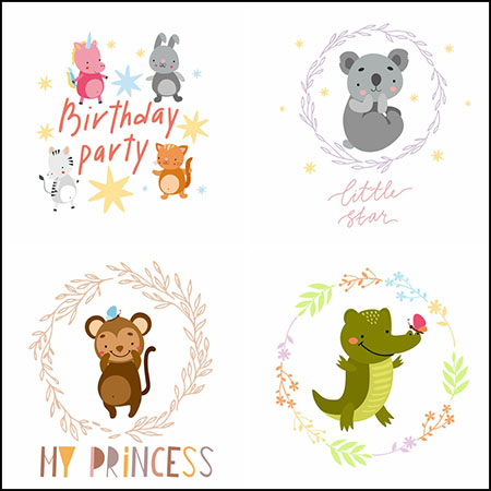 4款可爱卡通动物生日快乐卡片插图易图库矢量素材精选