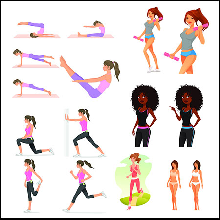 跑步和练习瑜伽锻炼身体的女人普贤居矢量插图精选