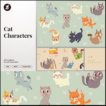 18个可爱看书的小猫PNG免抠图AI素材中国矢量插图精选