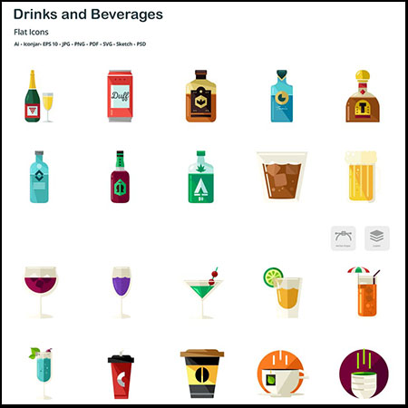 饮料和酒杯酒瓶等彩色扁平化普贤居矢量图标精选