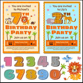 儿童宝宝生日派对数字卡通动物邀请卡16图库矢量素材精选