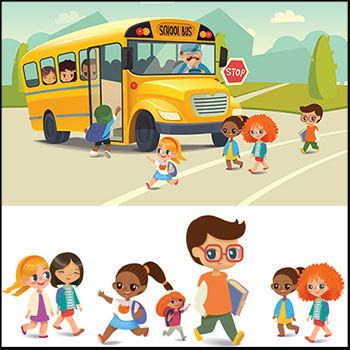 10款上学的儿童接送孩子的校车海报插画