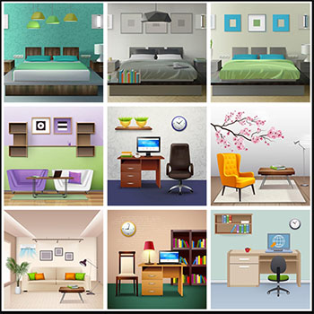 带家具和场景的3D平面房间16设计网矢量素材精选
