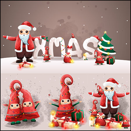 圣诞老人和可爱的小精灵平安夜礼物16设计网矢量插图精选背景