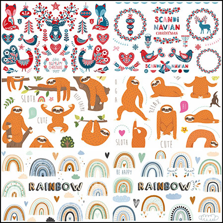 6套树懒狐狸动物小鸟剪纸和彩虹插图16设计网矢量素材精选