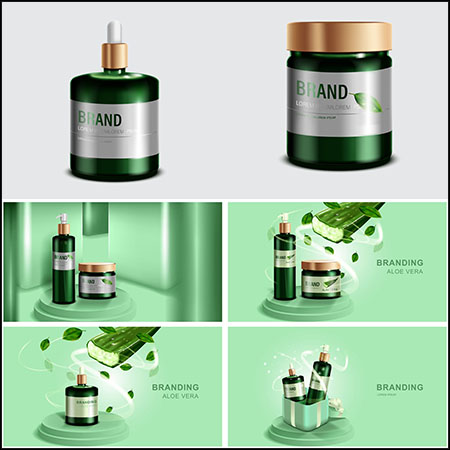 8款绿色瓶装护肤品化妆品模型和横幅海报易图库矢量素材精选