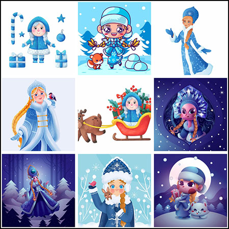 9款圣诞节可爱的神话人物雪少女素材中国矢量插图精选