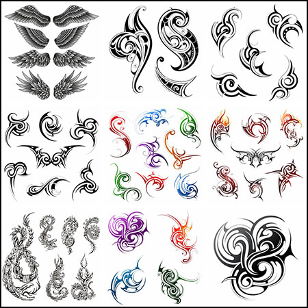 24款骷髅中国龙和抽象花纹纹身图案施琅素材