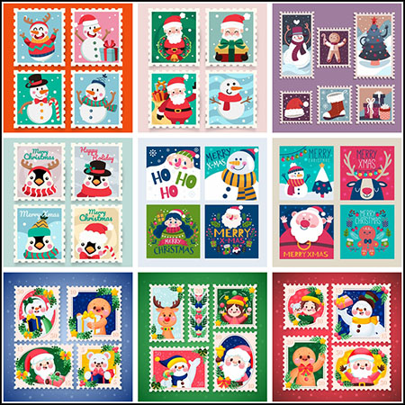 14套圣诞节邮票风格剪贴画插图普贤