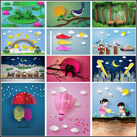 26款剪纸情人节鸳鸯鸟植树的儿童圣诞节卡通小孩素材中国矢量素材精选