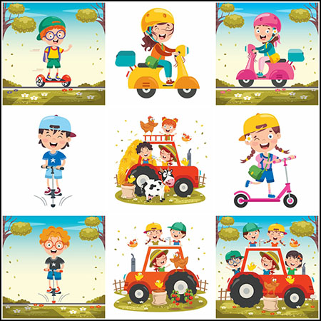 9款骑平衡车电动车玩跳跳杆和在农场卡车玩耍的卡通儿童