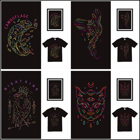 6款卡通彩色单线动物T恤印染图案16设计网矢量素材精选