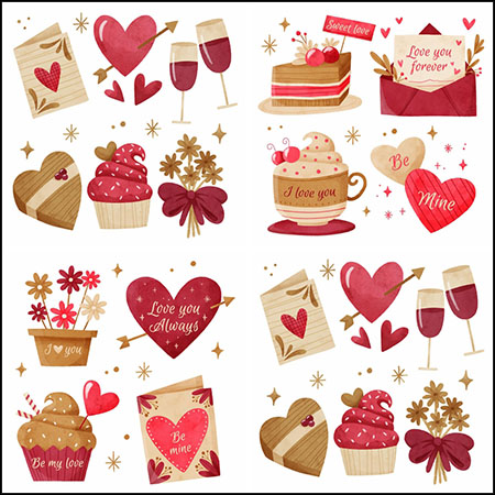 3套情人节爱心礼盒甜品花卉水彩16设计网矢量插图精选