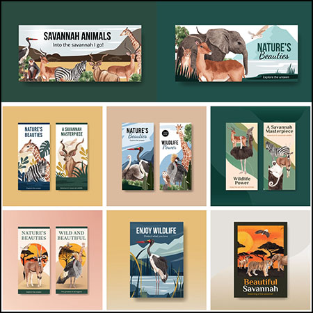 9款野生动物园门票水彩插图横版和竖版素材天下矢量模板精选