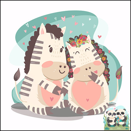 手绘水彩斑马和熊猫情人节动物情侣16图库矢量插图精选
