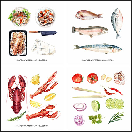 6套海鲜海鱼 龙虾 螃蟹 蔬菜等水彩易图库矢量插图精选
