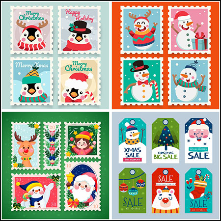 8款邮票明信片圣诞节元素16设计网矢量插图精选