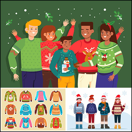 穿着圣诞图案针织毛衣的卡通人物插图普贤居矢量素材精选