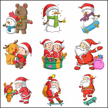 12款圣诞节戴圣诞帽的雪人和圣诞老人普贤居矢量插图精选