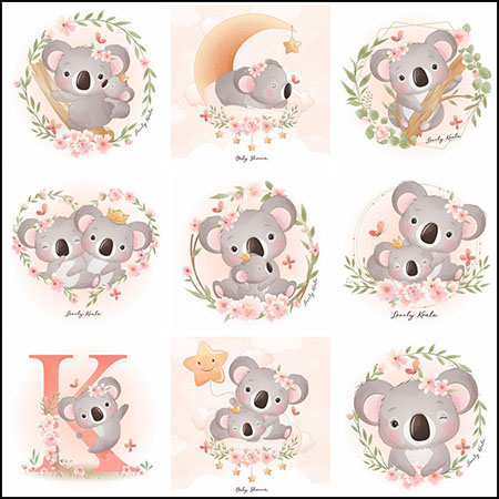 21款可爱考拉熊树袋熊水彩花卉插图素材中国矢量素材精选
