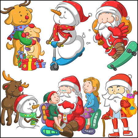 21款圣诞节圣诞老人和雪人麋鹿场景素材天下矢量插图精选