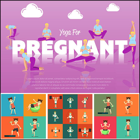 23套瑜伽体育健身运动卡通人物插图